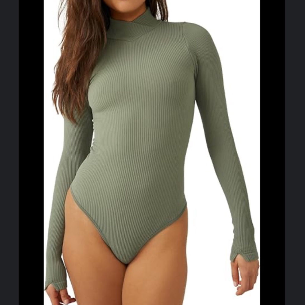 Free People Forest Green Mock neck ribbed bodysuit top L/XL